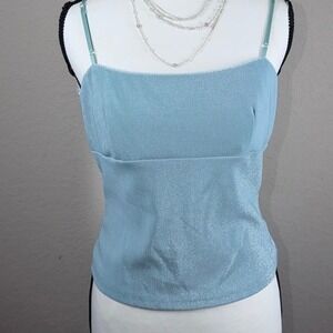 Vintage Metallic Blue Cami Top 90s  Square Neck Sparkle City Triangles Y2K USA 9